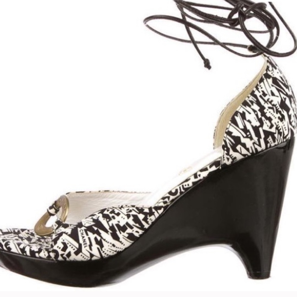 Vintage Chanel Black and White Wedge Heels with tie up laces